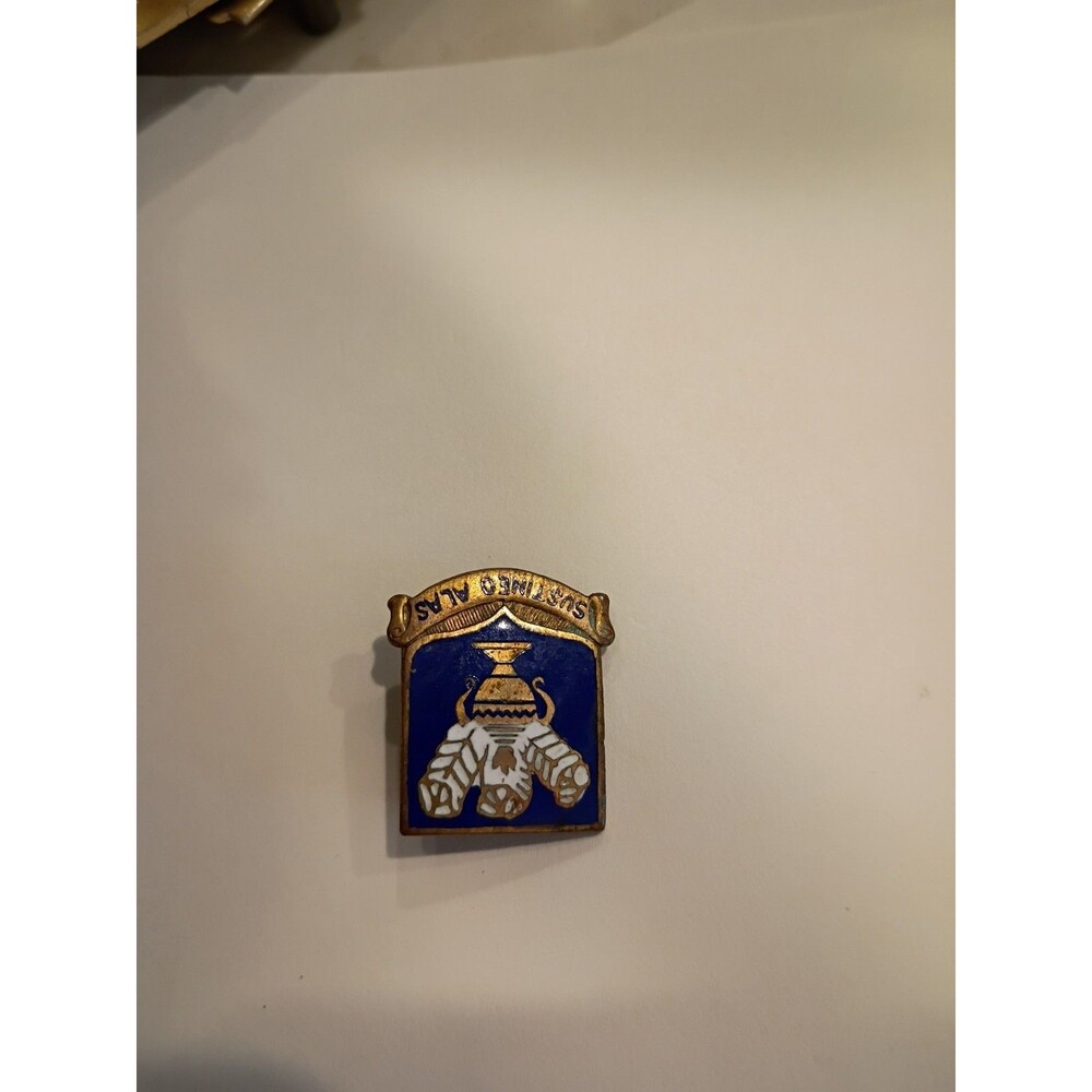PIN PINBACK LAPEL PIN EMBLEM SUSTINO ALAS BLUE WHITE GOLD ENAMEL BRASS FEATHER